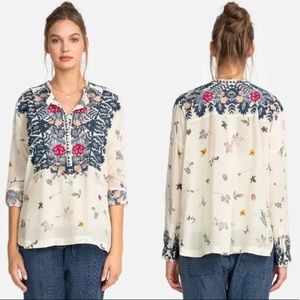 Johnny Was Biya Nostra Embroidered🧵 Silk Shirt Blouse Size L, NWT $310